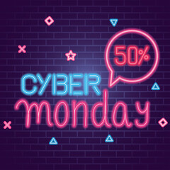 Canvas Print - cyber monday with 50 sale neon design on bricks background, offer ecommerce shopping online theme Vector illustration