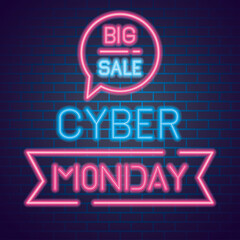 Wall Mural - cyber monday and big sale neon design on bricks background, offer ecommerce shopping online theme ve