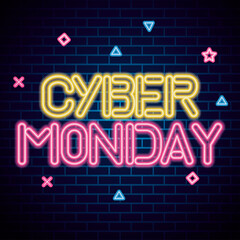 Wall Mural - cyber monday neon design on bricks background, sale offer ecommerce shopping online theme vector ill