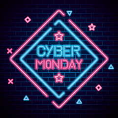 Wall Mural - cyber monday neon design on bricks background, sale offer ecommerce shopping online theme Vector illustration