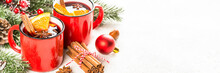Mulled Wine. Traditional Christmas And Winter Drink With Red Wine, Citrus And Spices. Long Banner Format.