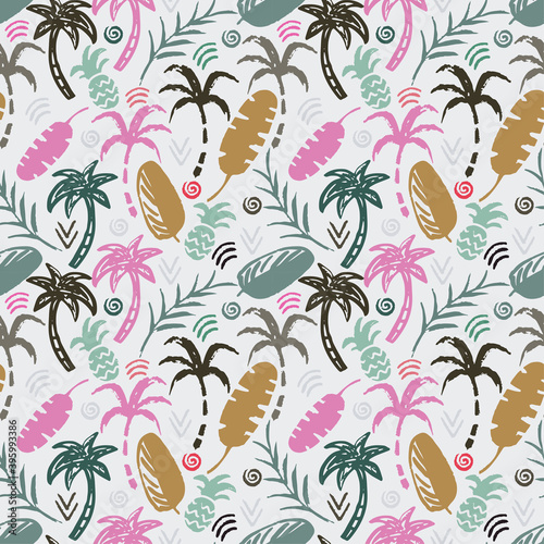 Fototapeta Palm trees, leaves, pineapples seamless pattern