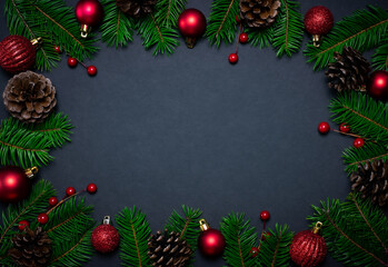 christmas card template pine branches red ornaments on black background