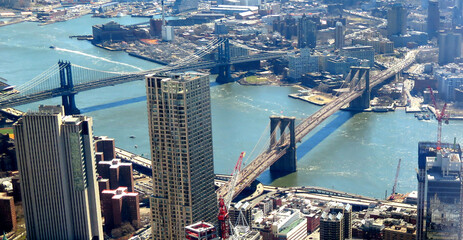 Wall Mural - Panoramic High Angle view landscape of New York downtown and brooklyn cityscape of Brooklyn bridge Manhattan bridge and Williamsburg bridge in New York City, New York State NY, USA