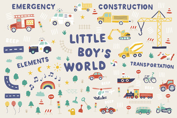 Wall Mural - Little boy hand-drawn cute colorful bundle map creator