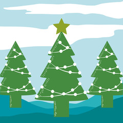 Poster - merry christmas trees with star and white balls decoration