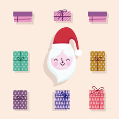 Wall Mural - merry christmas cute santa face and gift boxes decoration