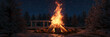 canvas print picture - loderndes Lagerfeuer umringt von Tannenbäumen und Schnee bei Nacht. 3D Rendering	