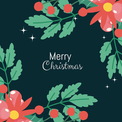 Poster - merry christmas greeting card inscription flowers and holly berry frame