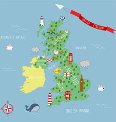 Cartoon map of the United Kingdom. Children poster.