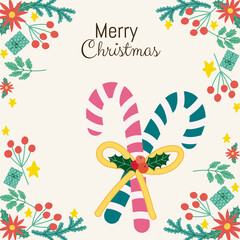 Wall Mural - merry christmas greeting card candy canes with holly berry frame decoration