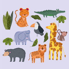 Canvas Print - wild animals safari cute leopard elephant giraffe monkey bear monkey leaves foliage