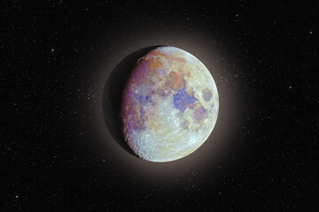 Wall Mural - color super moon glowing with halo surrounded by stars on black sky background hdr image