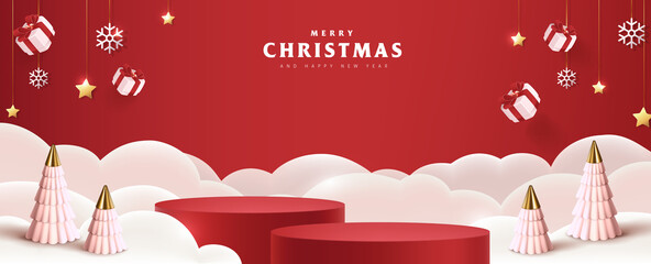 Merry Christmas banner with product display cylindrical shape and festive decoration for christmas