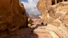 Hikking Along The Trail Of Umm Al Biyara, In The Nabatean City Of Petra, Jordan.
