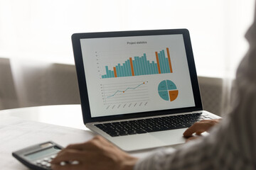 Close up crop view of woman work online on computer consider financial project statistics with graphs and diagrams. Female employee count expenses expenditure on laptop. Finance, banking concept.