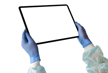 Wall Mural - Hands in medical gloves hold a digital tablet. Isolated on white