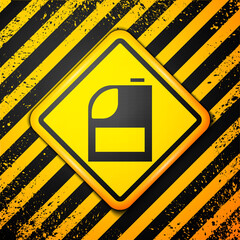 Poster - Black Canister for motor machine oil icon isolated on yellow background. Oil gallon. Oil change service and repair. Engine oil sign. Warning sign. Vector Illustration.