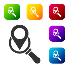 Canvas Print - Black Search location icon isolated on white background. Magnifying glass with pointer sign. Set icons in color square buttons. Vector Illustration.