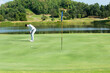 © freebird7977 - Golfer man playing golf aiming shot for putting ball on the hole with club on green course.  Professional people hobby in holiday and vacations in sunny morning day on club golf