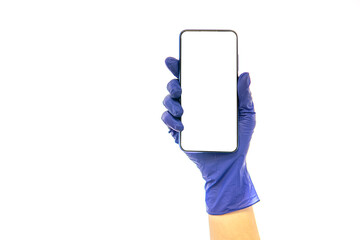 hand in medical glove holds phone. isolated on white.