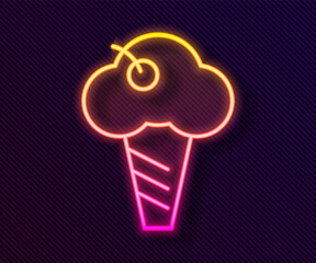 Poster - Glowing neon line Ice cream in waffle cone icon isolated on black background. Sweet symbol. Vector.