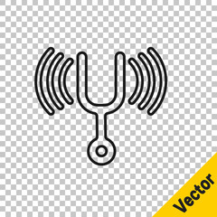 Sticker - Black line Musical tuning fork for tuning musical instruments icon isolated on transparent background. Vector.