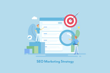 Wall Mural - Digital marketing team working on seo strategy, targeting online audience with search engine optimization technology. Increasing online business revenue. Flat design web banner.