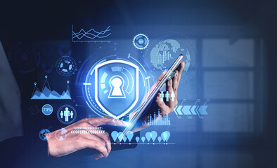 Poster - Woman with tablet in office and cyber security