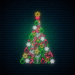 Wall Mural - Neon Christmas tree made of balls, candles, snowflakes and gifts. Bright light signboard for winter holidays. Vector illustration.