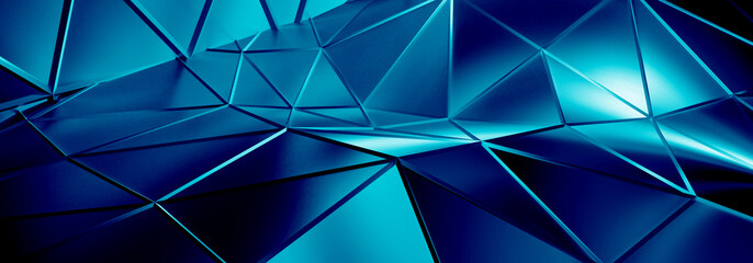 Poster - 3d ILLUSTRATION, of blue abstract crystal background, triangular texture, with wire edges, wide panoramic for wallpaper, 3d black background low poly design