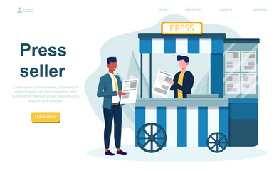 Male character selling press. Concept of stall selling newspapers. Person buying magazine at booth outdoors. Press media business. Web page, website, landing page template. Flat vector illustration