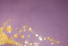 Purple Background In The Left Corner With Gold Stars And Sparkles. Festive Background