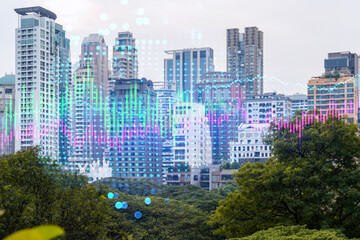 Wall Mural - Financial stock chart hologram over panorama city view of Bangkok, business center in Asia. The concept of international transactions. Double exposure.