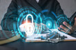 © VideoFlow - Businesswoman taking notes using smart-phone. Lock icons hologram double exposure. Security concept.
