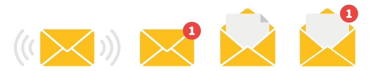 Poster - envelope flat vector icon set. document enclosed in envelope, closed and open envelope with message.