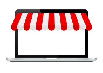 Poster - online shopping in laptop screen. laptop with striped red awning. e-commerce and digital marketing c
