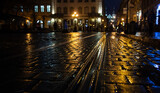 Fototapeta Londyn - Lviv, Ukraine - November 28, 2020: Lviv Market square at night in rain
