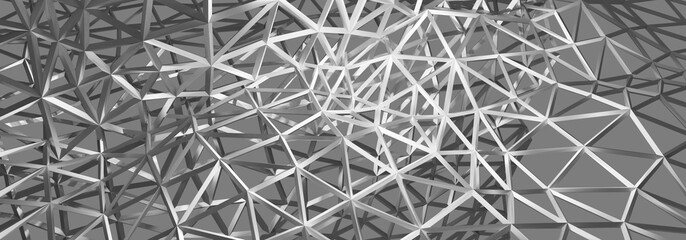 Poster - 3d illustration of abstract triangular background with geometrical wire frame suitable for web banner or canvas, with empty space for text. grey background