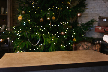 Christmas background. Banner design. Christmas tree and table