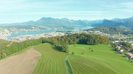 Wall Mural - Canton Lucerne aerial view.  Countryside. Alps mountains and the city of Lucerne. Switzerland