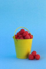 Wall Mural - Decorative bucket with ripe raspberries on a blue background