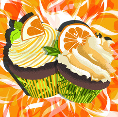 Two cupcakes decorated with orange slices on the orange background.