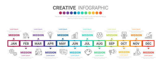  Timeline presentation for 12 months, 1 year, Timeline infographics design vector and Presentation business can be used for Business concept with 12 options, steps or processes. 
