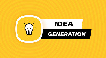 Poster - Idea generation label design with light bulb and rays isolated on Geometric background in yellow colors. Vector illustration