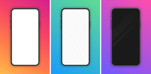 Wall Mural - Set realistic smartphone blank screen, phone mockup isolated on gradient colors background. Template for infographics or presentation UI design interface