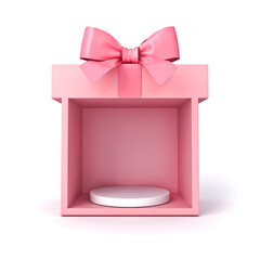 Aufkleber - Blank white product podium in pink gift box or present box showcase exhibition booth stand design with pink pastel color ribbon bow isolated on white background minimal conceptual 3D rendering