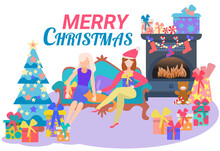 Cozy Room Decorated For The New Year. Young Girls Sit On The Sofa Near The Christmas Tree With Gifts And A Fireplace With A Fire. Vector Illustration In Flat Style. Inscription: Merry Christmas