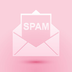 Poster - Paper cut Envelope with spam icon isolated on pink background. Concept of virus, piracy, hacking and security. Paper art style. Vector.