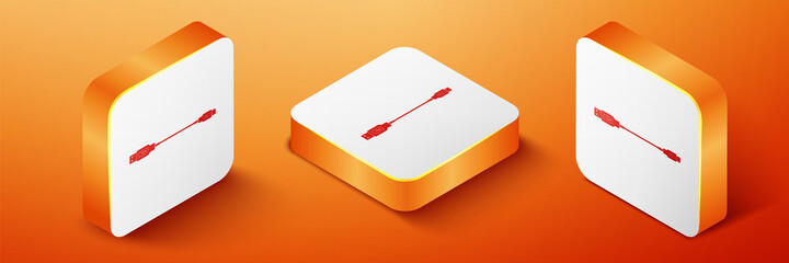 Poster - Isometric USB Micro cables icon isolated on orange background. Connectors and sockets for PC and mobile devices. Smartphone recharge supply. Orange square button. Vector.